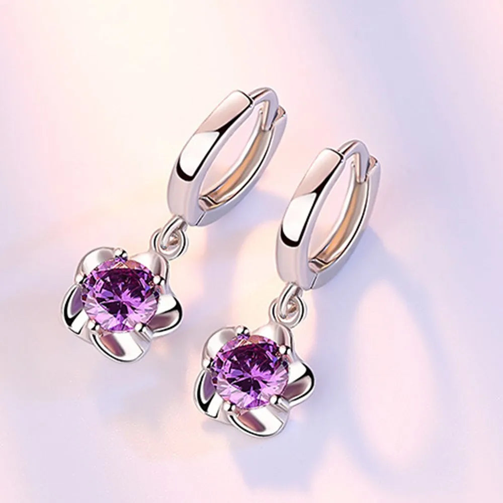 925 Sterling Silver Retro Zircon Hoop Earrings - High-Quality Purple & White Jewel