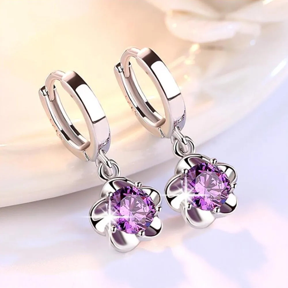 925 Sterling Silver Retro Zircon Hoop Earrings - High-Quality Purple & White Jewel