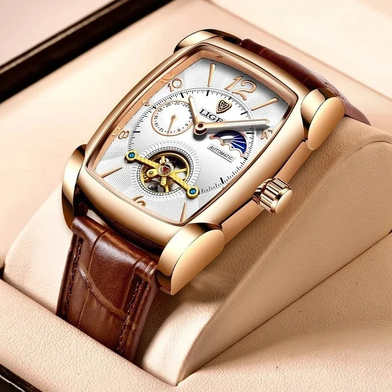 Lige Men s Automatic Mechanical Watch Tourbillon Moon Phase Leather Strap