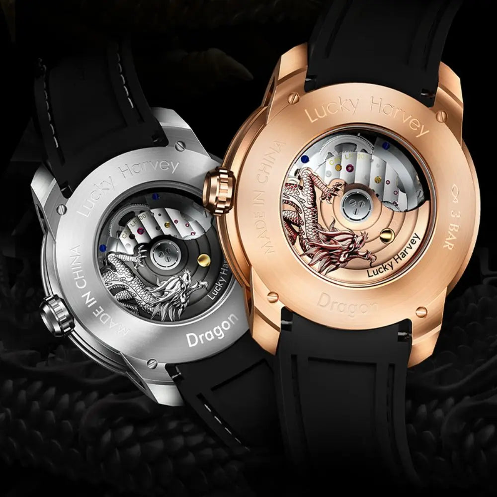 Treasures Chinese Dragon: Sapphire Depths 3D Engraved Complex Automatic Timepiece - Waterproof Elegance Unleashed