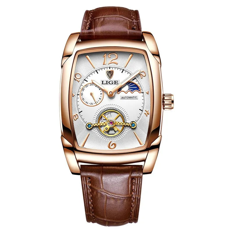 Lige Automatic Mechanical Watch Tourbillon Moon Phase Leather Strap